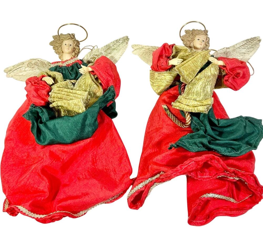 Vintage Christmas Angel Ornaments Hanging Lot 10" Red Green Gold 2 pcs